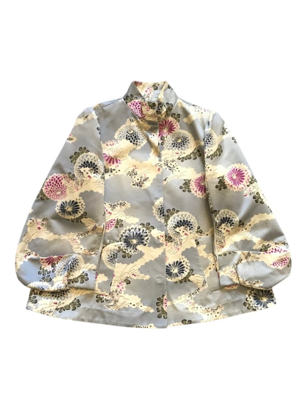 CO Brand Floral Evening Jacket Blazer Womens XS Blue Pink Snap Button Mock Neck
